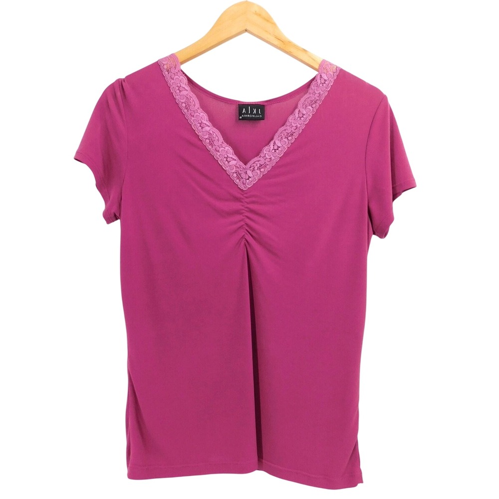 Vintage JKLA California‎ Women's Top Lace V Neck Short Sleeve Purple Blouse